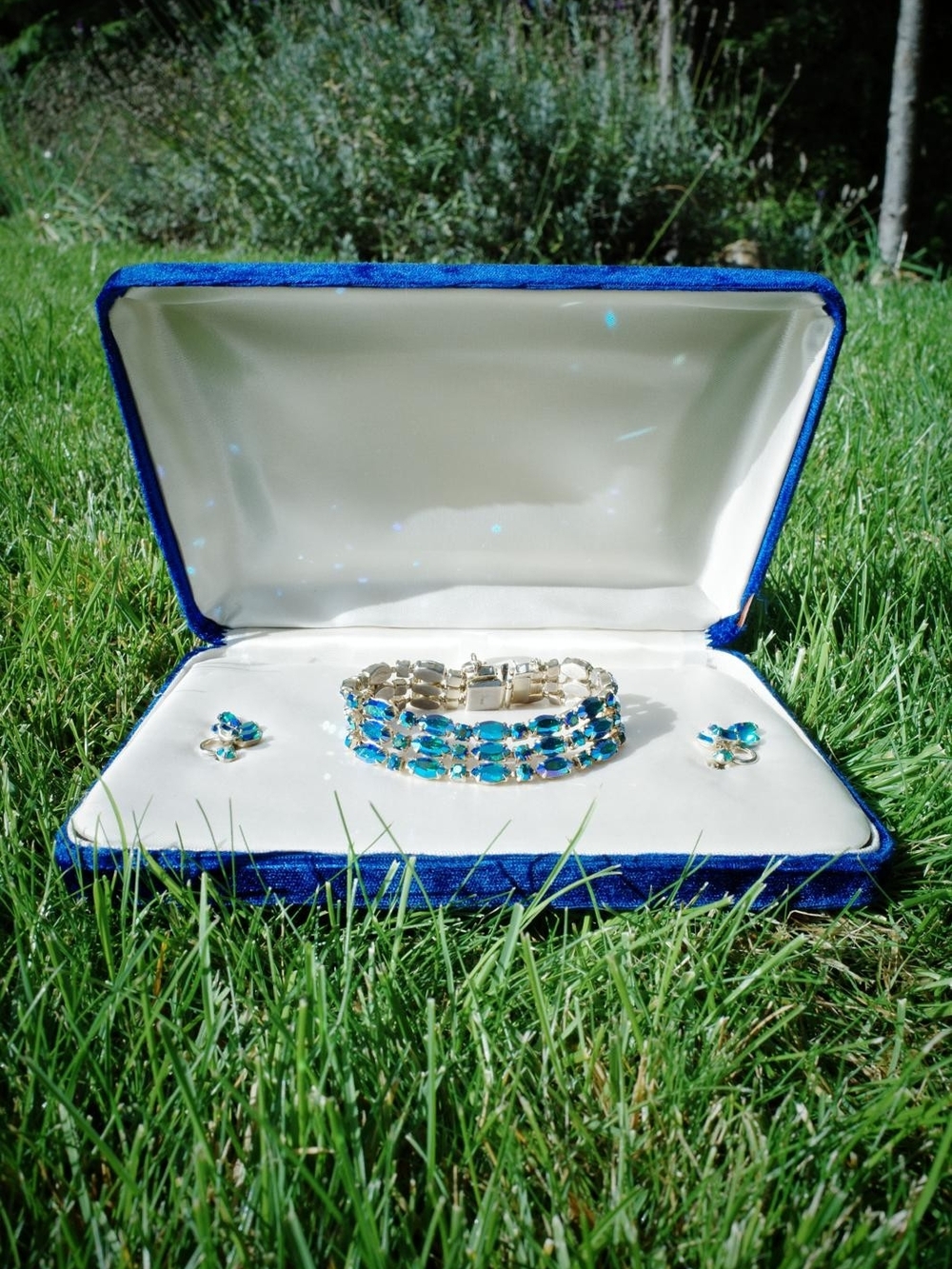 Vintage Sherman Blue AB Sarovski Bracelet and Earrings Set - Women's Jewelry